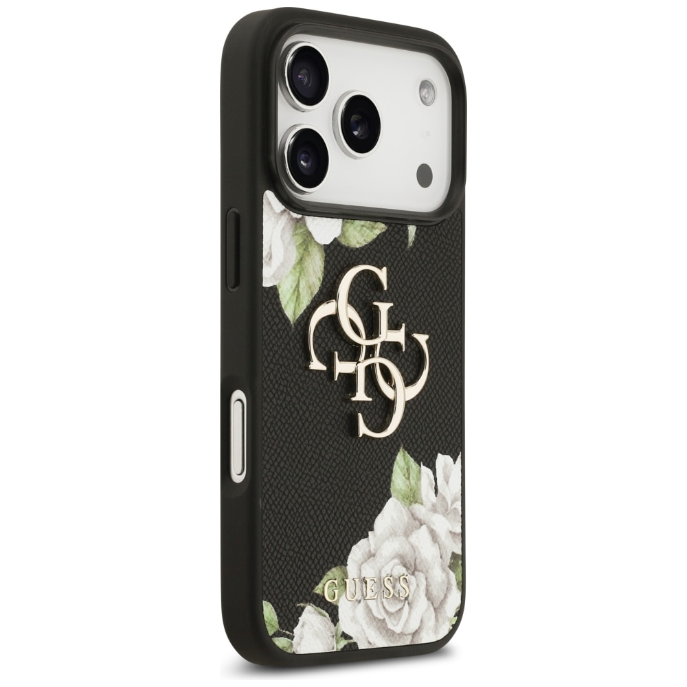 Etui Guess Grained Roses Big 4G logo, negru, pentru iPhone 17 Pro, rezistent la socuri, material TPU/PC