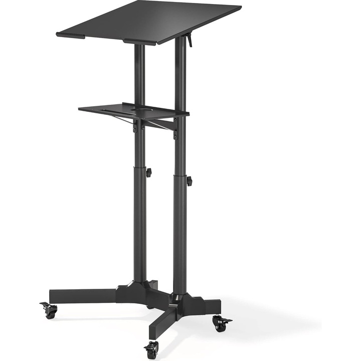 Mobil laptop állvány, állítható magasságú tartó, 20 kg-ig terhelhető, 0-40°-ban állítható szög, fékezhető kerekekkel, multifunkcionális, fekete