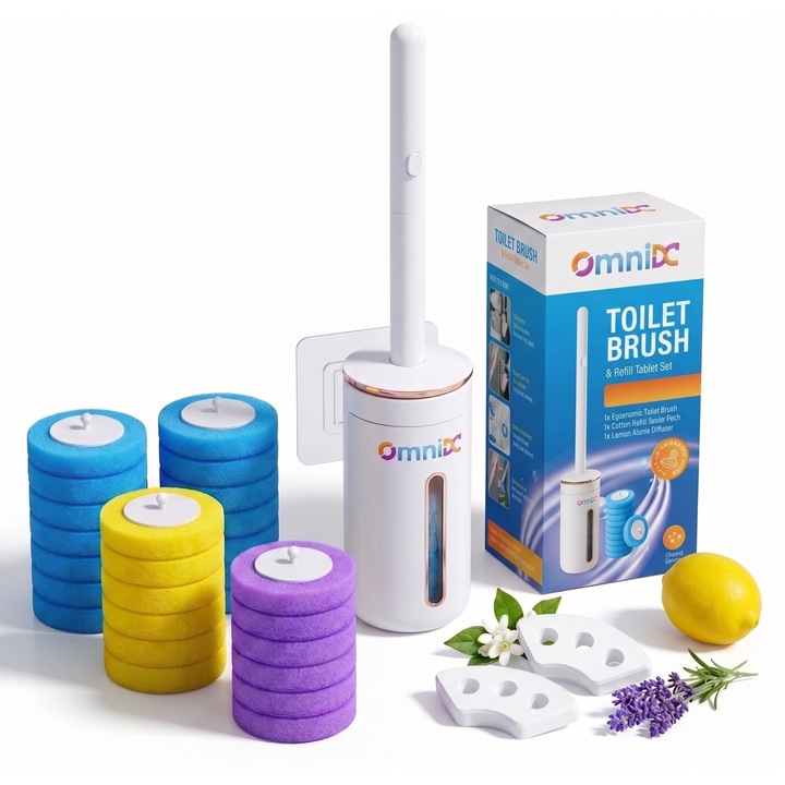 Perie WC pentru Toaleta cu Bureti de Rezerva 32 buc, 3 Difuzor Aroma 360° Lamaie, Lavanda, Iasomie, Montare pe Perete, Fara Mirosuri, Alb Mat