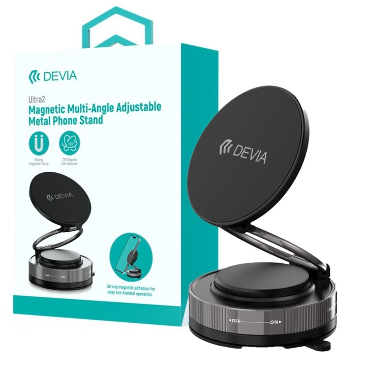 Suport Devia Magnetic Stand Ultra2 Metal, rotatie 360 grade, prindere ventuza, Negru