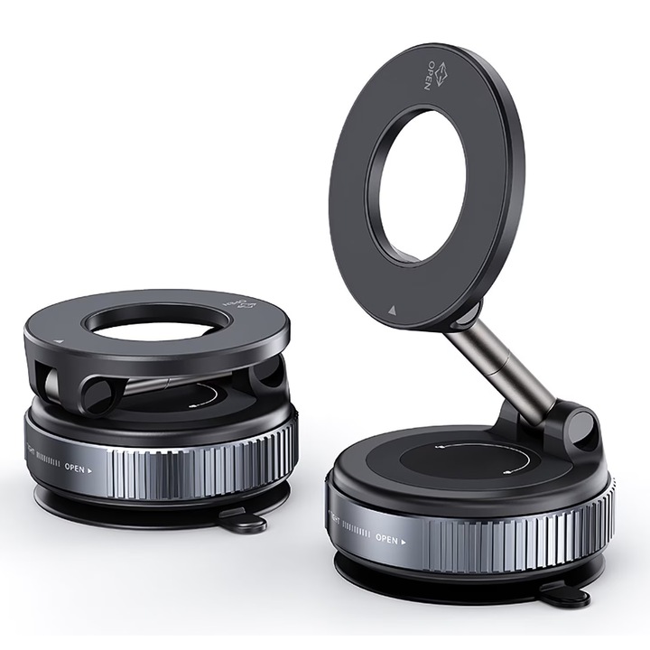 Mágneses telefontartó, összecsukható, műszerfalra/szélvédőre/sima üvegre/asztalra/csempére rögzíthető, állítható, korróziógátló, fekete, univerzális, teljes forgatás, Fekete/Szürke