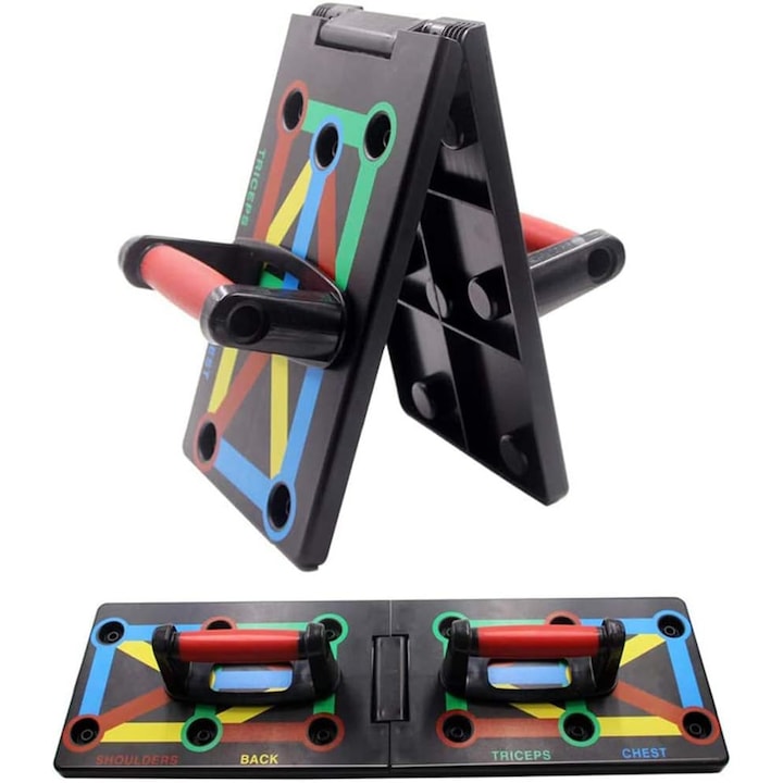 Placa pentru flotari, sistem de fitness 12-in-1, culori diferite pentru muschi, 64x20x2cm, set cu manere