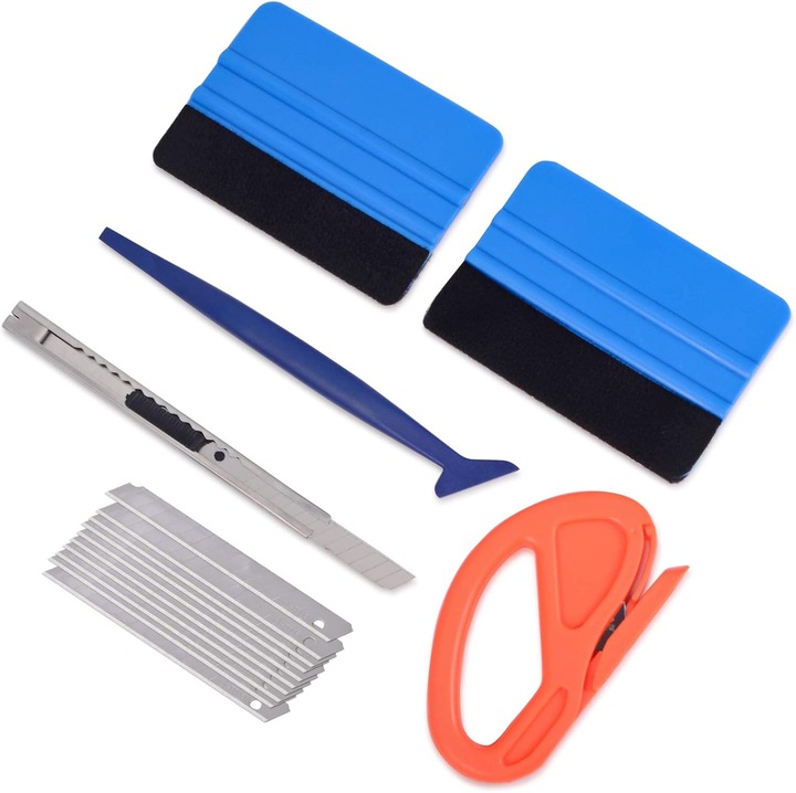 Set unelte pentru aplicare folie auto, cu racleta cu margine din fetru, racleta albastra moale, cutter vinyl si cutit retractabil 9mm