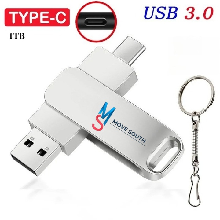 Memorie MOVE SOUTH USB 3.0+тип C 1TB, метален дизайн, скорост на трансфер 100MB/s, сребриста, За мобилни телефони и компютри