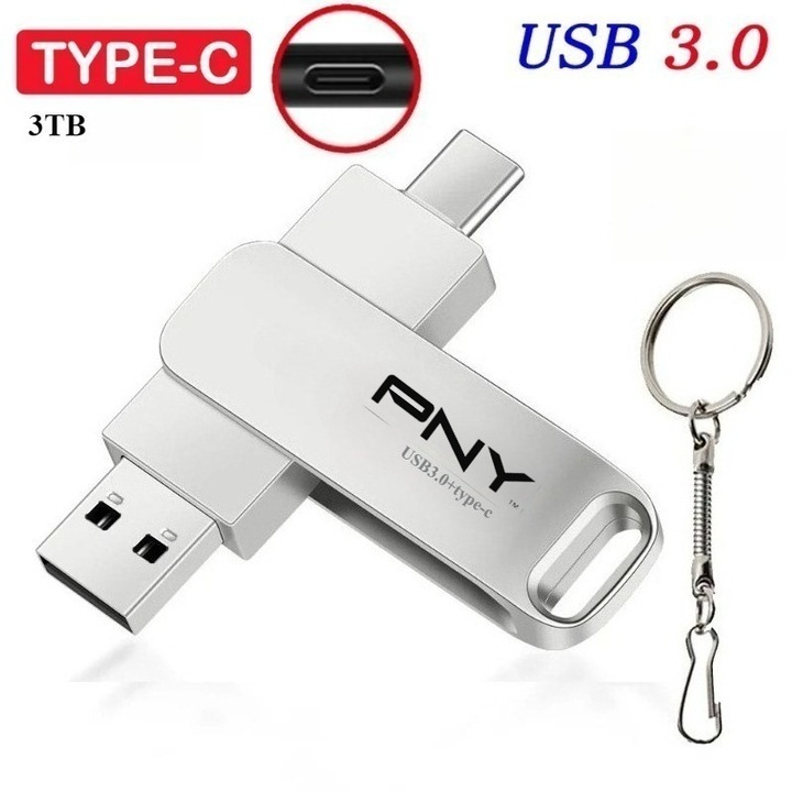 Memorie USB PNY 3TB, metal, USB 3.0 Tip-C, argintiu, 3.3x1.23x0.69cm