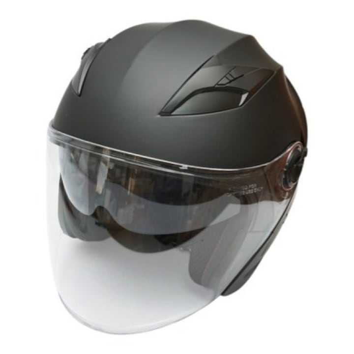 Мото каска idealSTORE тип джет черна, градски модел с прозрачен визьор и слънчеви очила, размер XL, Микрометрична катарама с бързо освобождаване, Мека, дишаща, напълно сваляема подплата, устойчива на надраскване