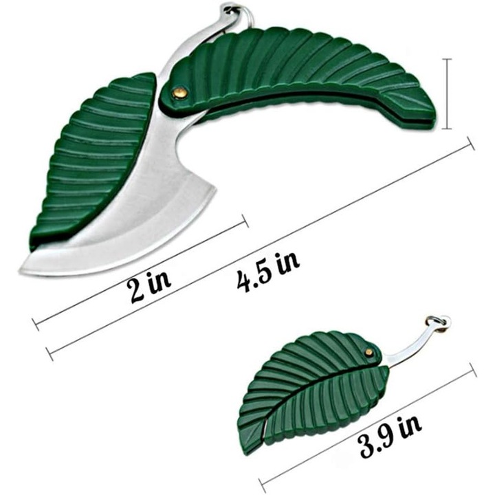 Set 2 cutite pliabile portabile frunza, otel inoxidabil, verde, 11.5x4x1.5cm