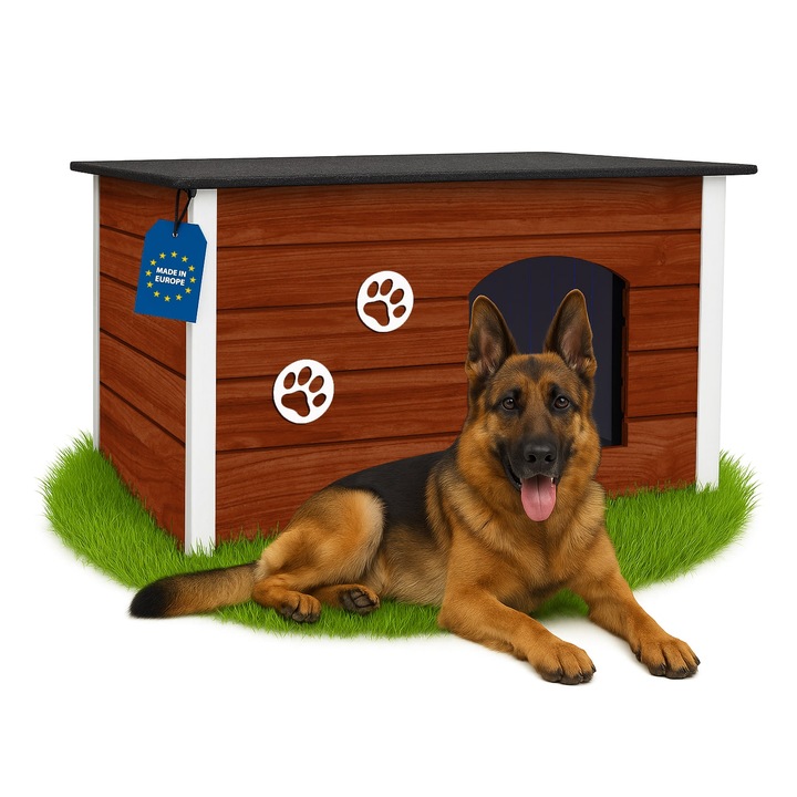 Outentin Cusca de Caine Izolata pentru Exterior – Adapost Mare din Lemn FSC, Acoperis Plat Rabatabil – Rezistent la Iarna si Intemperii – 105x71x64 cm, Nuc