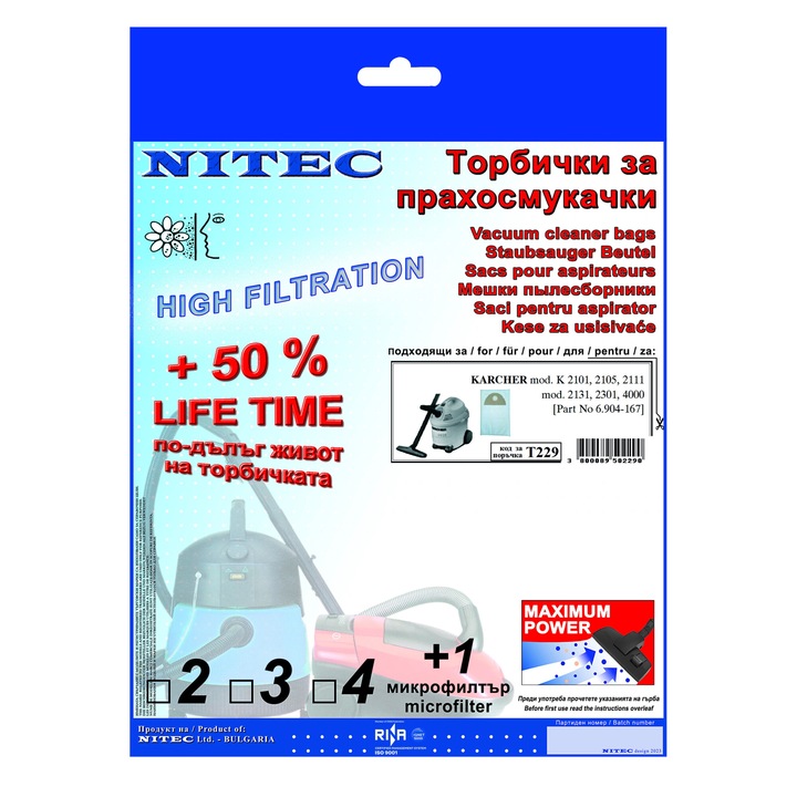 Saci pentru aspiratoare, NITEC, cod T229, 2 saci, compatibilitatea este mentionata pe ambalaj