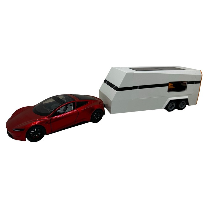 Macheta metal Tesla Roadster rosie cu rulota si figurina, scara 1:24, lumini si sunete