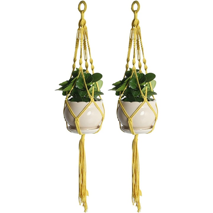 Set 2 suporturi plante suspendate macrame HERUSI galben bumbac