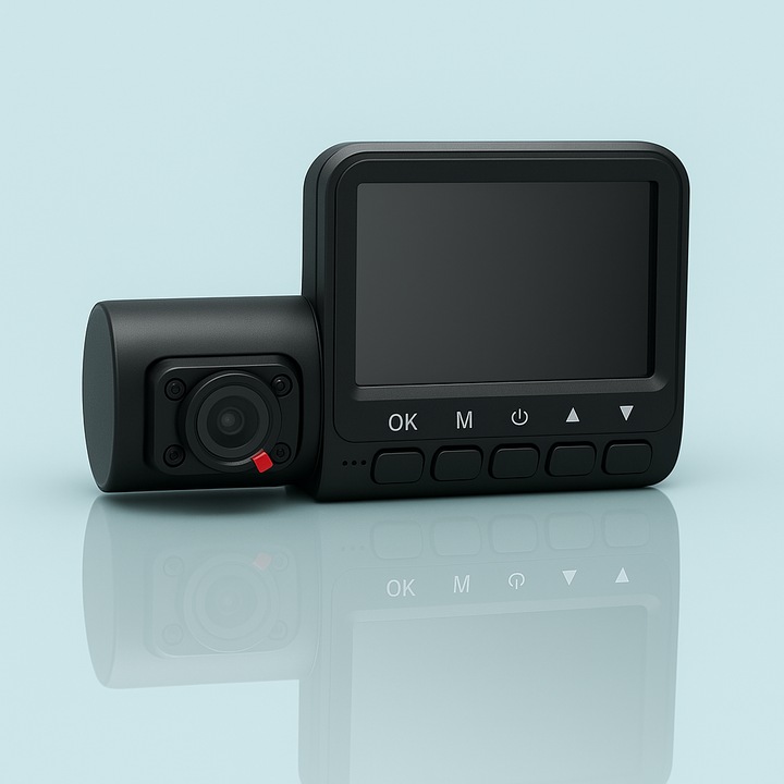 Camera de bord auto tripla DVR Adessna – Full HD 1080P, Night Vision, G-Sensor, unghi 170°, ecran 2.4”, inregistrare automata fata/interior/spate, suport card pana la 32GB, instalare rapida