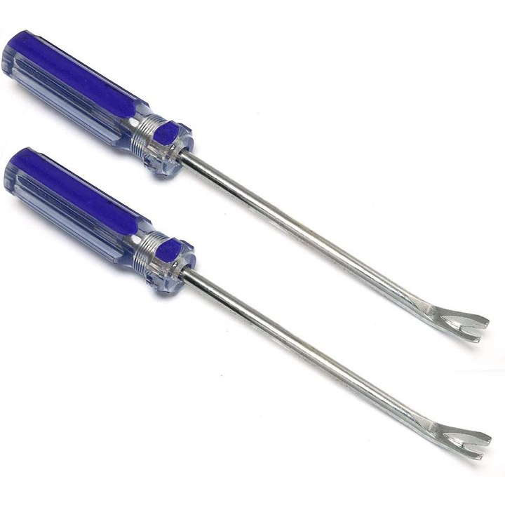 2 darabos készlet, Kapocs- és szegkihúzó véső/emelőkar bútorokhoz, ergonomikus fogantyú karral, teljes hossz 210 mm, szár O 5 mm, kék, 2 x 1 db