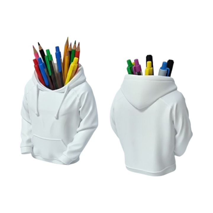 Suport creioane si pixuri sub forma de hanorac, culoare alb, accesoriu haios si original pentru birou, cadou inedit pentru birou, scoala, profesor, serviciu, coleg, copii