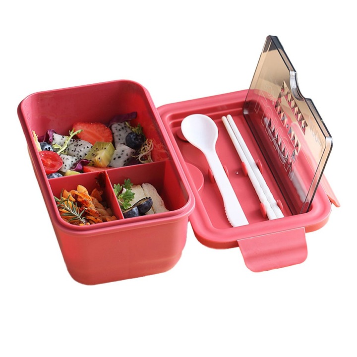 HERUSI Bentobox élelmiszertároló doboz 1100ml, 3 rekeszes, légmentesen záródó, beépített evőeszközökkel