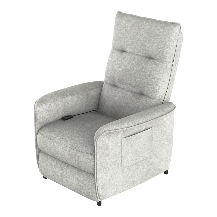 Fotoliu, en.casa, PXST-0125 Savukoski, 102 x 58 x 81 cm, otel, furnir, lemn, poliester, poliuretan, gri deschis, electric, inclinabil