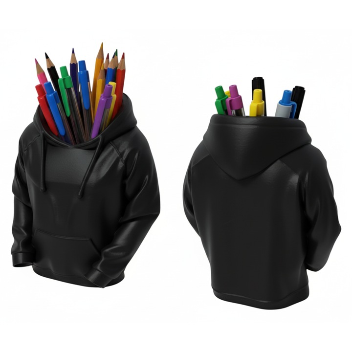 Suport creioane si pixuri sub forma de hanorac, culoare negru, accesoriu haios si original pentru birou, cadou inedit pentru birou, scoala, profesor, serviciu, coleg, copii