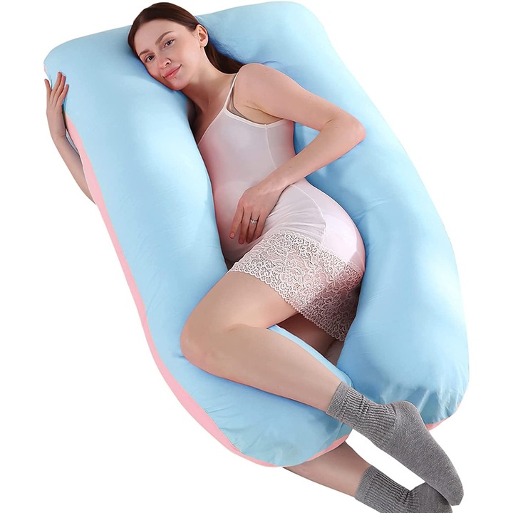 Perna gravide HERUSI U-shape bumbac dublu roz-albastru 70x130cm