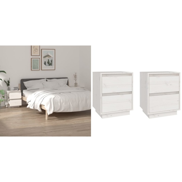 Noptiere, 2 buc., alb, 40x35x50 cm, lemn masiv de pin