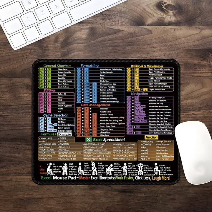 Egérpad, Brinexa®, Excel billentyűparancsokkal és képletekkel, Angol nyelvű billentyűparancsok, Csúszásmentes, 250x300mm, fekete