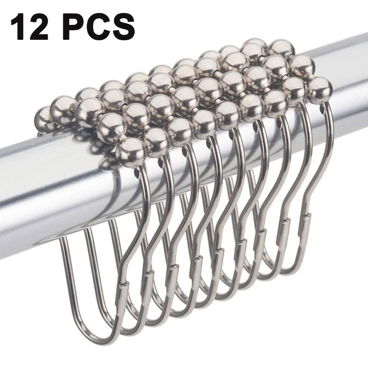 Carlige pentru perdea de dus ZYBLSSBB LSM2XH17454-2034890-1, otel inoxidabil cu bile rulante, rezistente la rugina, nichel, set 12 buc