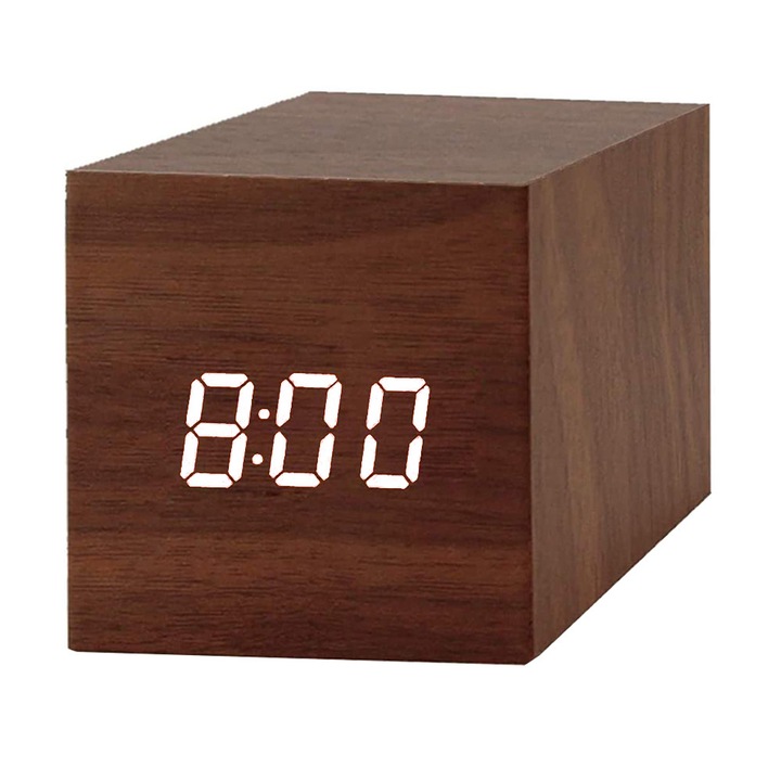 Ceas desteptator digital din lemn, cu afisaj LED pentru ora, data si temperatura, 3 alarme reglabile si activare prin sunet, maro, 1 buc
