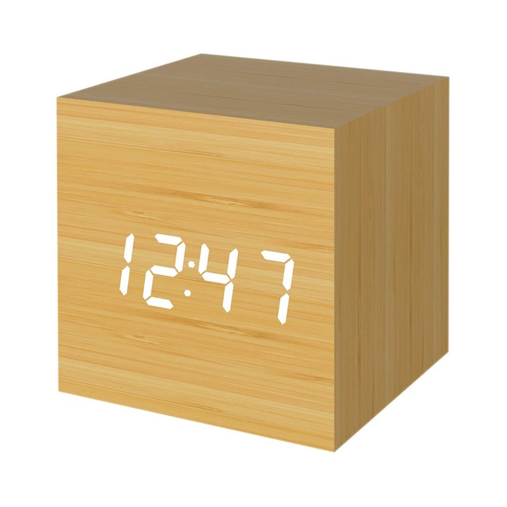 Ceas desteptator digital HERUSI multifunctional lemn bambus alb 12x6x4cm