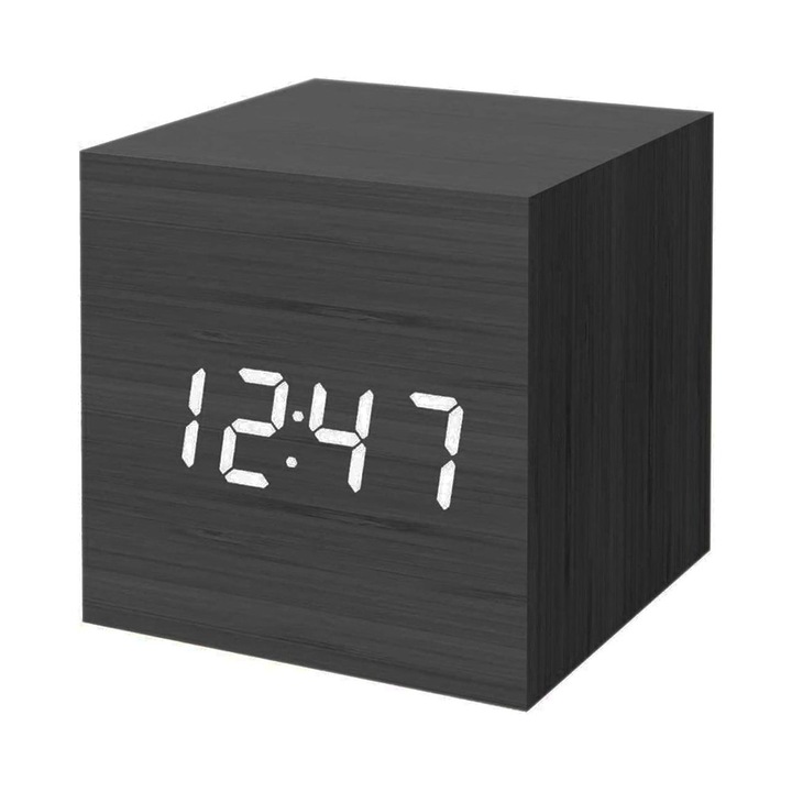 HERUSI digitális ébresztőóra, fekete fa, fehér LED, multifunkcionális, 12x6x4cm