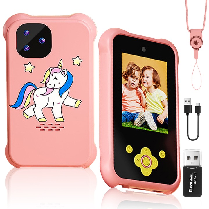 Детски телефон Herusi розов, двойна камера, 2.4", 64GB, силиконов калъф, 600mAh