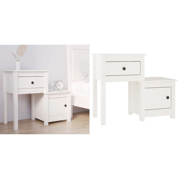 Noptiera, alb, 79, 5x38x65, 5 cm, lemn masiv de pin