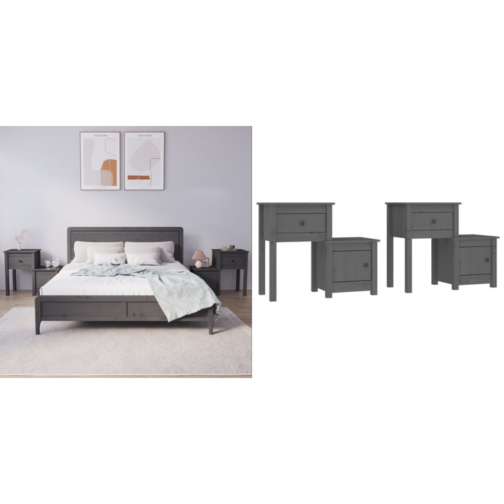 Noptiere, 2 buc., gri, 79, 5x38x65, 5 cm, lemn masiv de pin