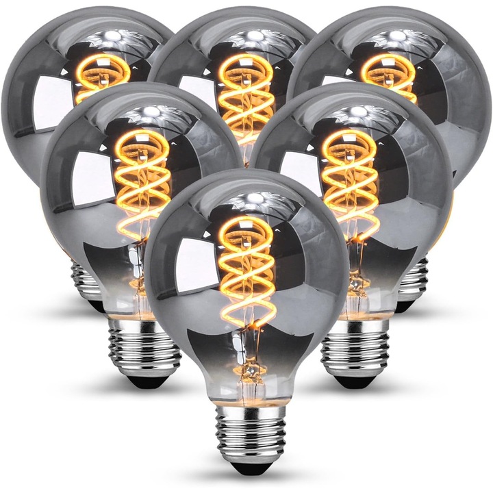 Set 6 becuri LED vintage, KANQIAO, E27, 4W, alb cald, dimabile, sticla fumurie, 118x80mm