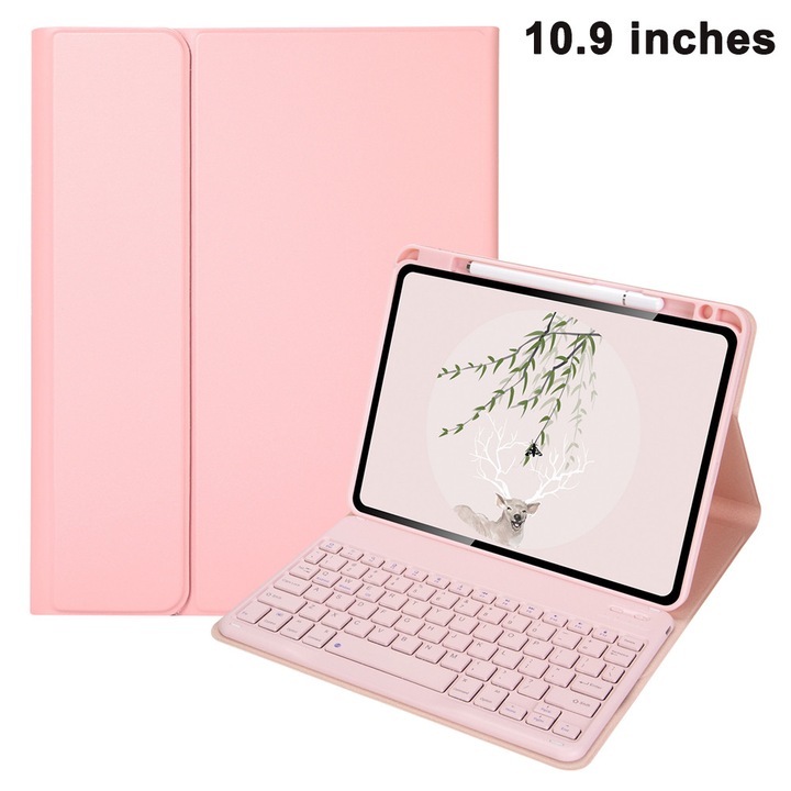 Tastatura Bluetooth HERUSI cu husa protectoare si suport stylus, roz, 10.9 inch
