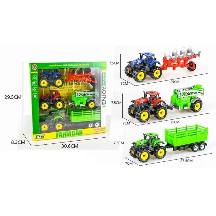 Set de tractoare agricole Maksik, 3 piese, multicolor, 25x27,5cm