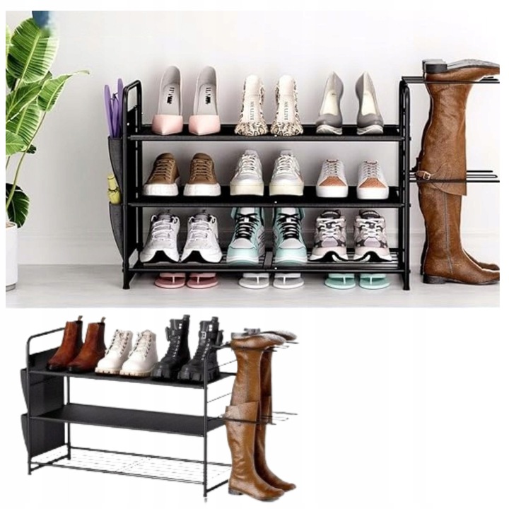 Fém cipőtartó, 3 szintes, fekete, 100x29,5x50,5cm, kiegészítő tárolóhellyel