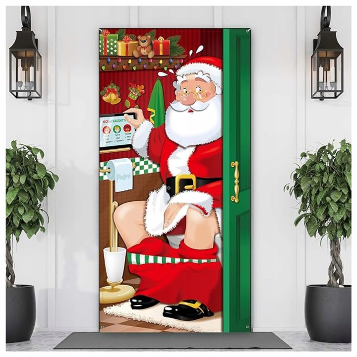 Decoratiune suspendata, Craciun, design Mos Craciun, poliester, 180x90cm, set cu sfoara de 6m