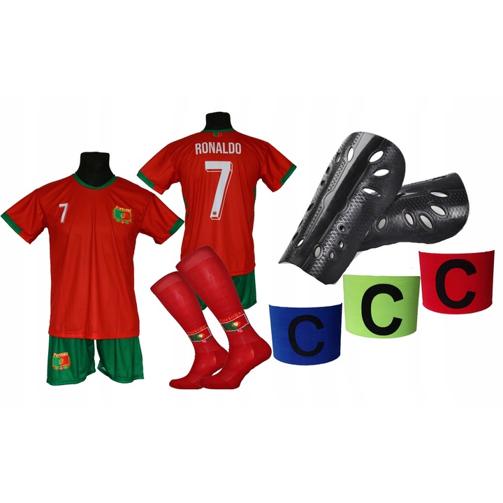 Set echipament fotbal, RONALDO, 164, cu sosete, aparatori de tibie si banderola gratuite, poliester, multicolor