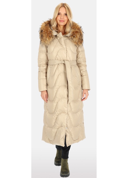 Geaca dama, Perso, bej, matlasat, cu blana naturala, cu gluga, cu curea