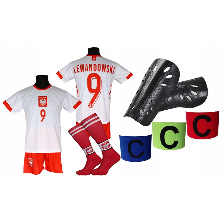 Echipament fotbal copii, LEWANDOWSKI, material rezistent, include sosete, aparatori de tibie, banderola de capitan