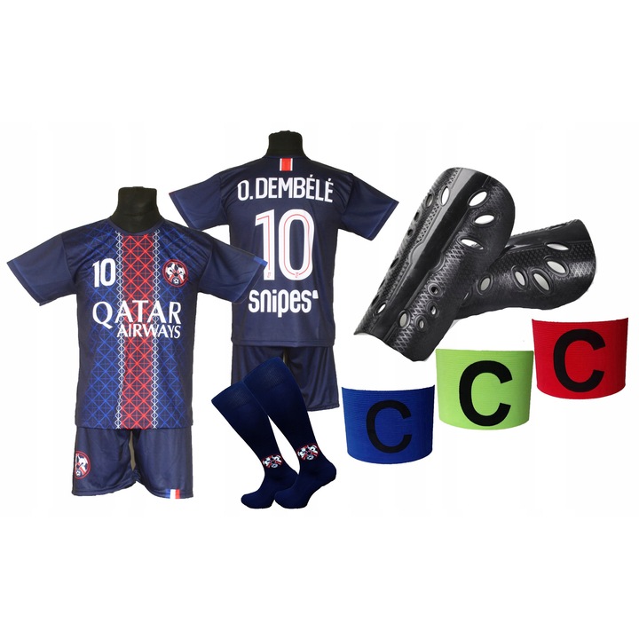 Комплект футболна екипировка ДЕМБЕЛЕ, къси панталони, чорапи, кори за пищял и лента за ръка, полиестер