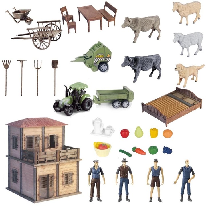 Farm készlet farmerekkel és gazdasággal, MAKSIK, traktor pótkocsival, 3 farmer figura, 5 állat, 49x44x10cm