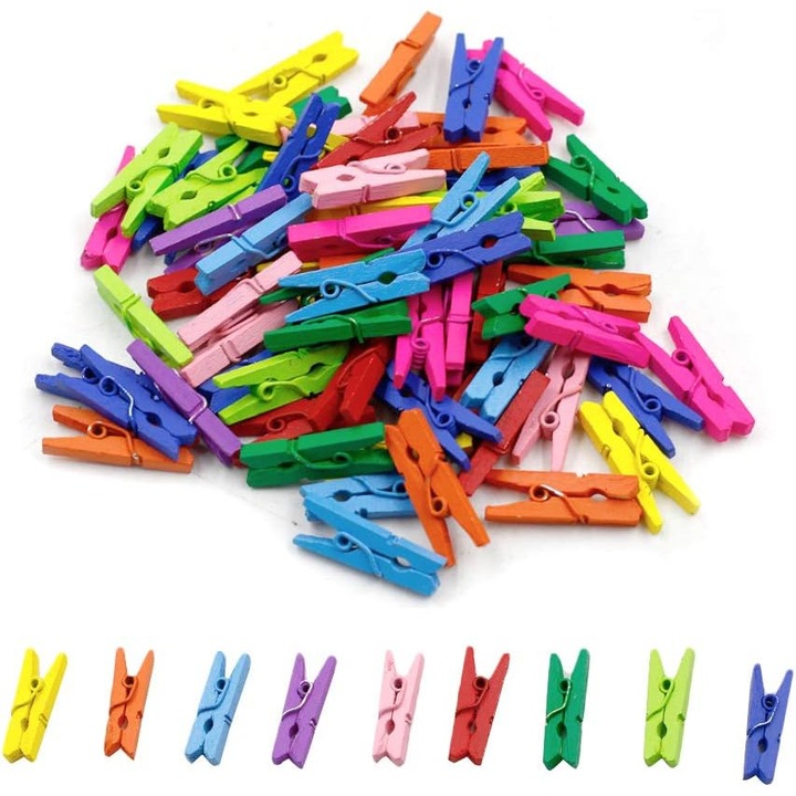 Szett 100 db mini színes fa csipesz 2.5x0.5cm ruhákhoz és dekorációhoz