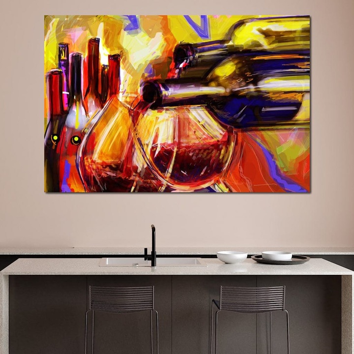 Премиум Канава Картина, LuxCanva® N1012, Цветовете на избата, 100 X 150 СМ, 100% Памучно платно 400гр/м2, Дървена рамка, Абстрактно изкуство, Живопис, Живи цветове, Бутилки, Чаши, Червено вино, Напитка, Пъб, Лаундж, Бар, Ресторант, Кухня