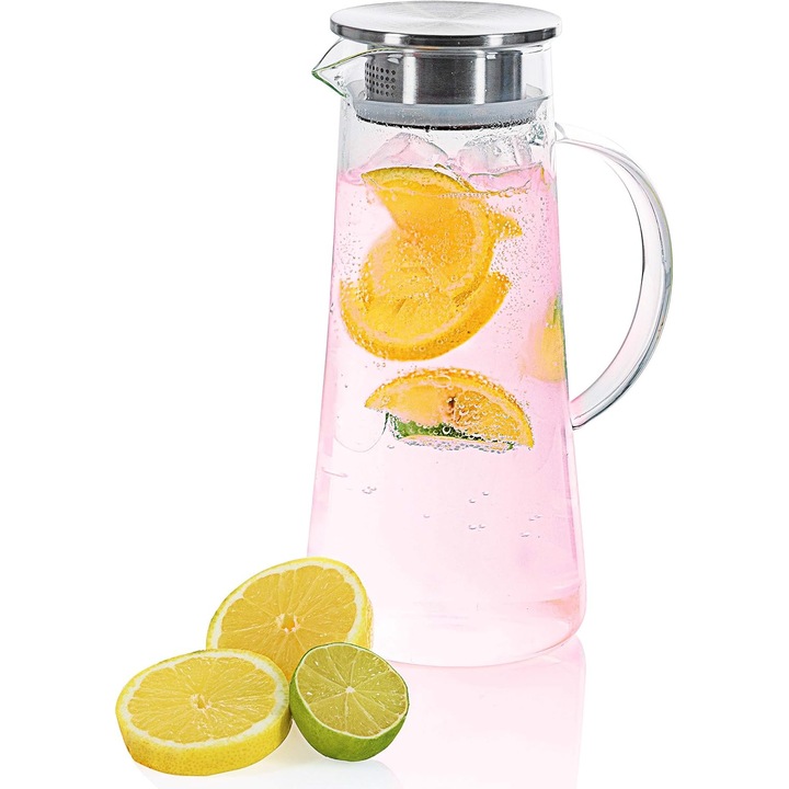 Carafa sticla borosilicata HERUSI 1500ml transparenta cu filtru si capac inox 10,5x25,5x9cm
