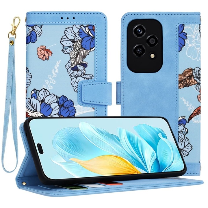 Husa pentru Honor 200 Lite, SKYDDAR INNOVATION, Flipcraft din Piele Ecologica, Stand Integrat, Buzunare pentru Carduri, set cu sticker, Bleu