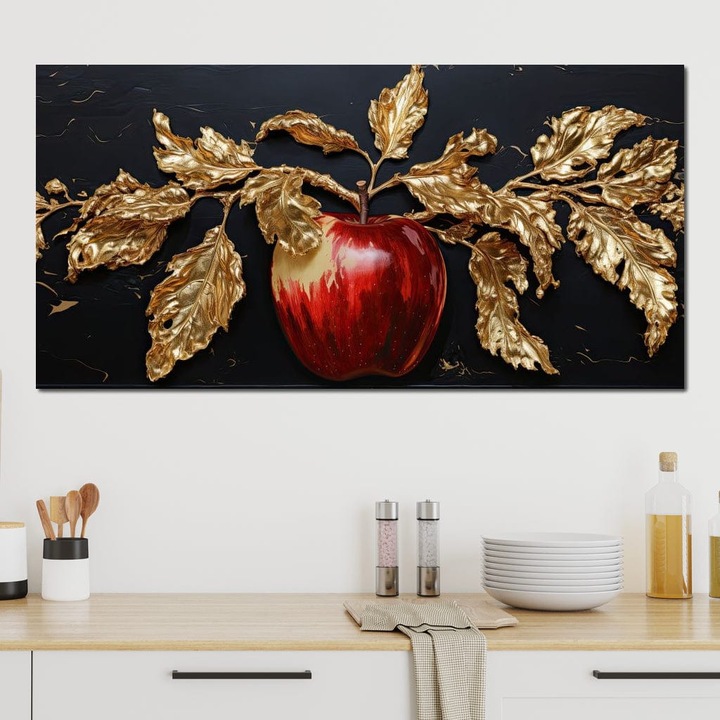 Премиум платно картина, LuxCanva® N1016, Кралският плод, 50 X 100 СМ, 100% памучно платно 400гр/м2, Дървена рамка, Червена ябълка, Листа, Златист, Плодове, Плод, Лукс, Свежест, Здраве, Есен, Ресторант, Кухня