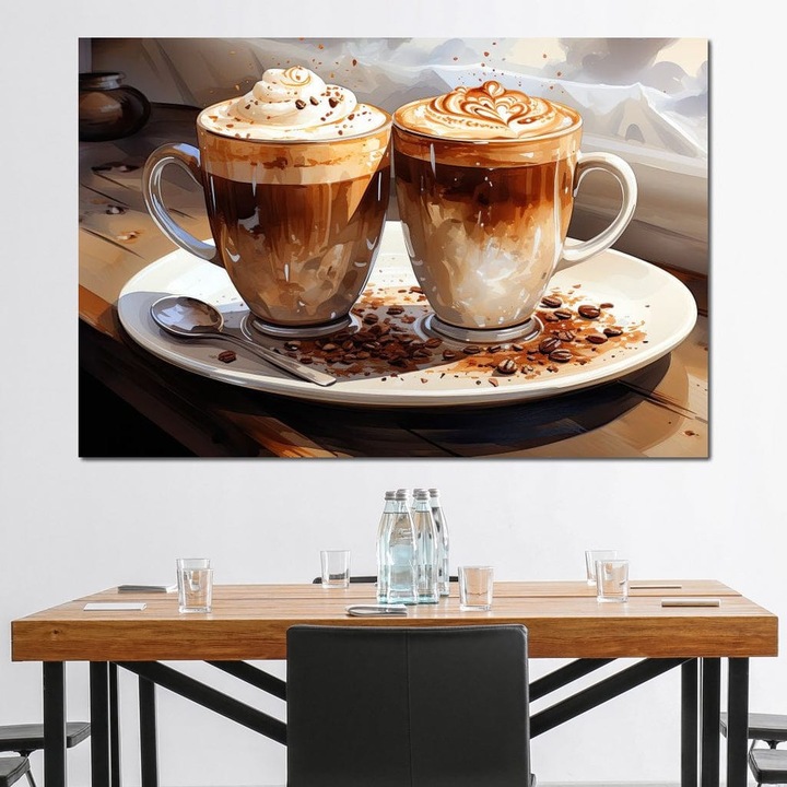 Премиум Канава Картина, LuxCanva® N1017, Сладко-горчиви нотки, 100 X 150 СМ, 100% Памучно платно 400гр/м2, Дървена рамка, Кафе, Чаши, Мока, Лъжичка, Сметана, Пяна, Капучино, Аромат, Бариста, Кафене, Пъб, Лаундж, Бар, Ресторант, Кухня