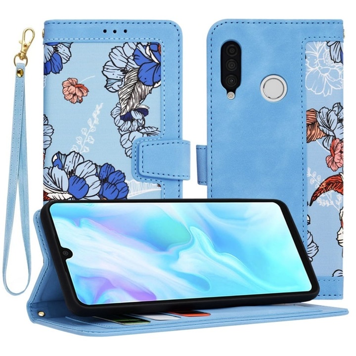 Husa pentru Huawei P30 Lite / P30 Lite New Edition, SKYDDAR INNOVATION, Flipcraft din Piele Ecologica, Stand Integrat, Buzunare pentru Carduri, set cu sticker, Bleu