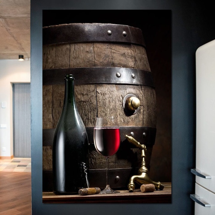 Премиум Канава Картина, LuxCanva® N1019, Традиция в Дърво и Вино, 100 X 150 CM, Платно 100% Памук 400гр/м2, Дървена Рамка, Червено Вино, Чаша, Бутилка, Бъчва, Изба, Рустик, Винтидж, Напитка, Автентичен, Пъб, Лаундж, Бар, Ресторант, Кухня