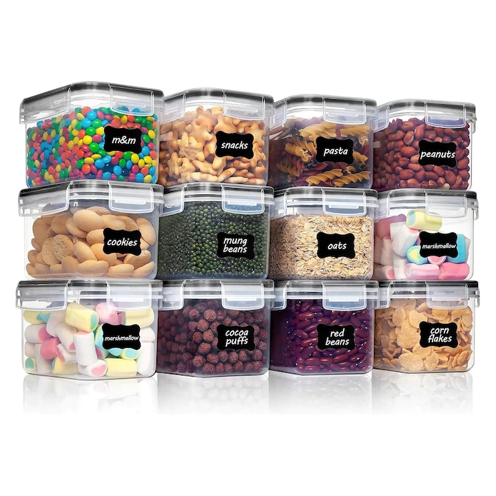 Set 12 Caserole Elindor pentru Depozitare Alimente, Capac Etans, Fara BPA, 9x10.5x15cm